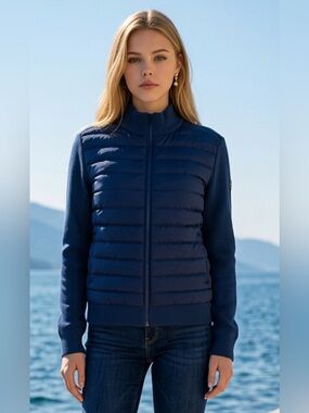 Women's Quilted Knit-Sleeve Puffer Jacket - Navy